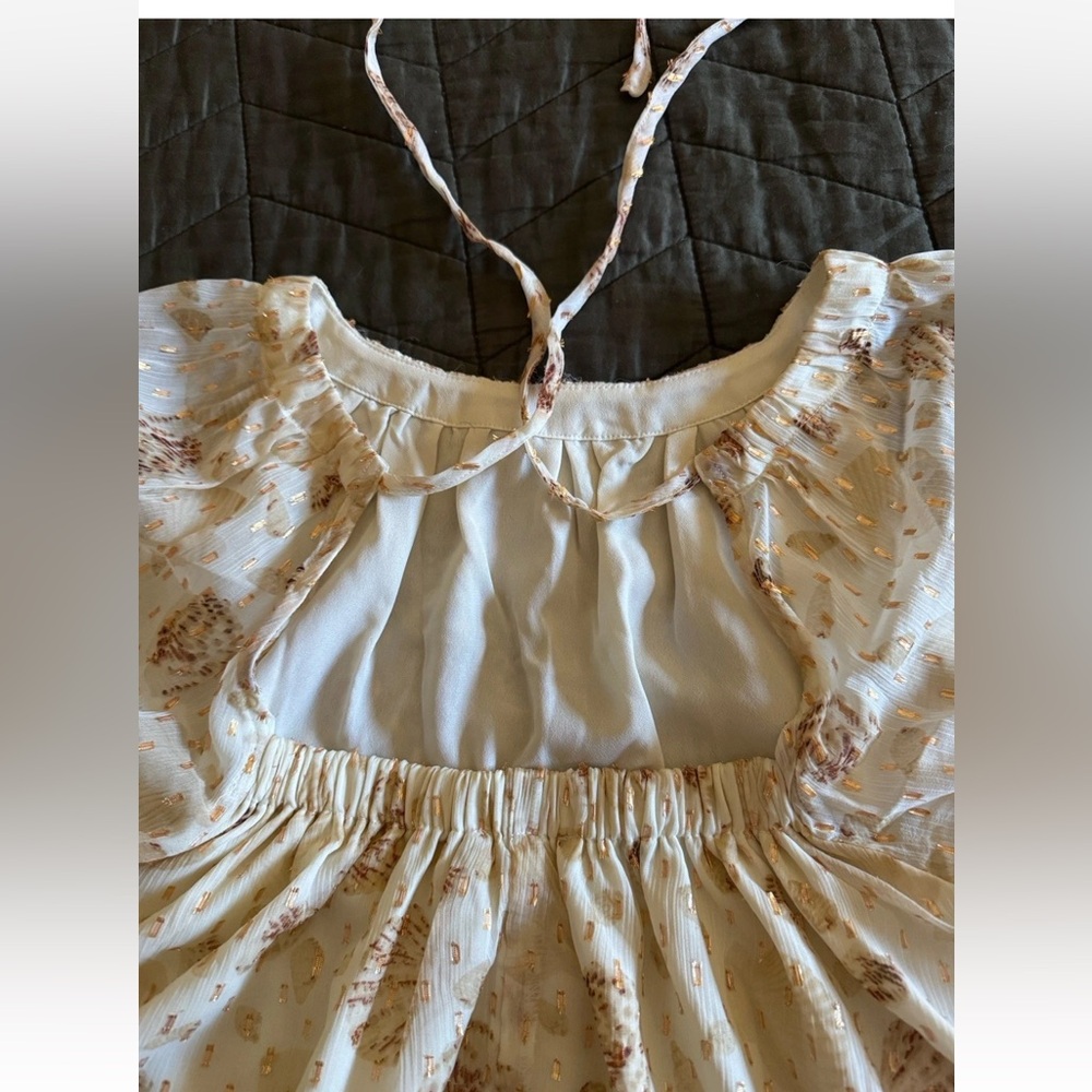 LOFT Metallic Shell Chiffon Blouse Ivory Gold Beige Short Sleeve Size Sm NWT - Picture 4 of 6
